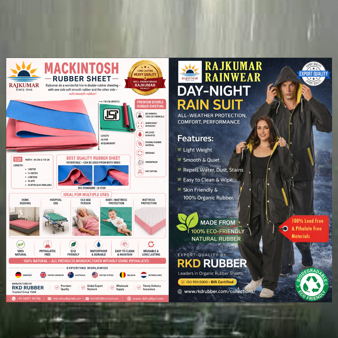 Premium natural rubber waterproof rainwear and Mackintosh rubber sheets for UK healthcare, industrial, and outdoor applications.