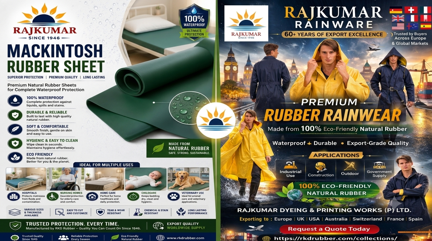 Premium waterproof natural rubber rainwear and Mackintosh rubber sheets for Australian industrial and healthcare applications.