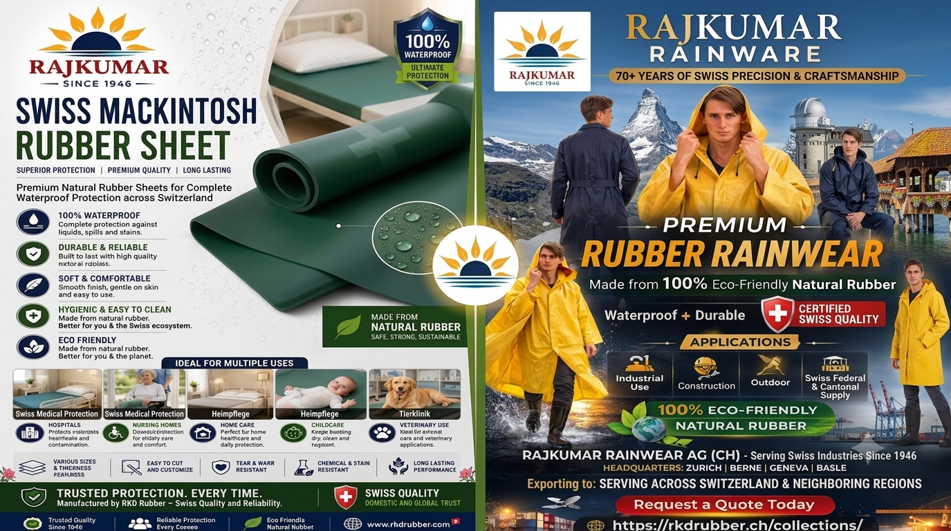Premium natural rubber waterproof rainwear and Mackintosh rubber sheets for Swiss healthcare, outdoor, and industrial applications.