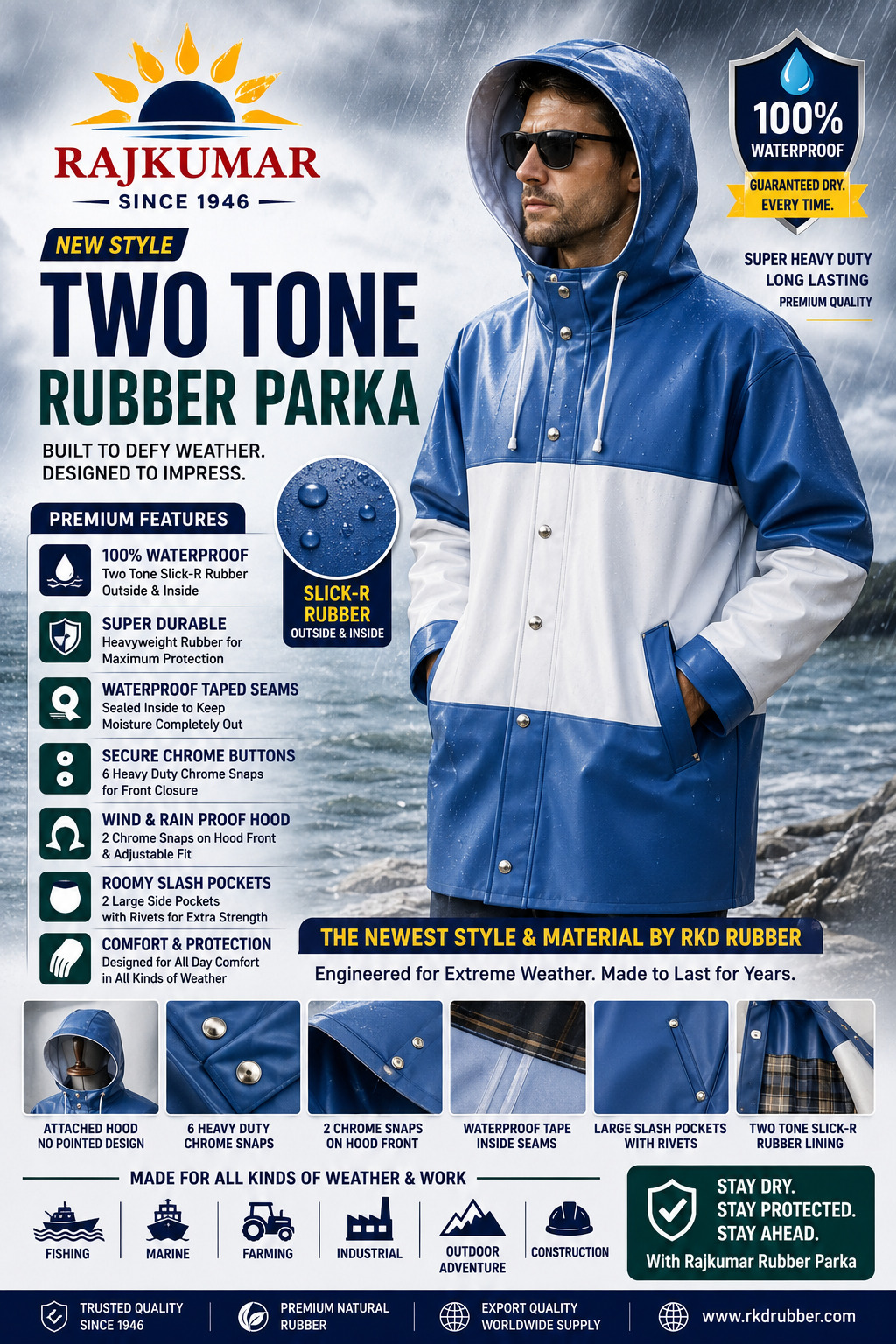 Premium natural rubber rainwear parka providing waterproof protection and comfort during heavy monsoon weather.