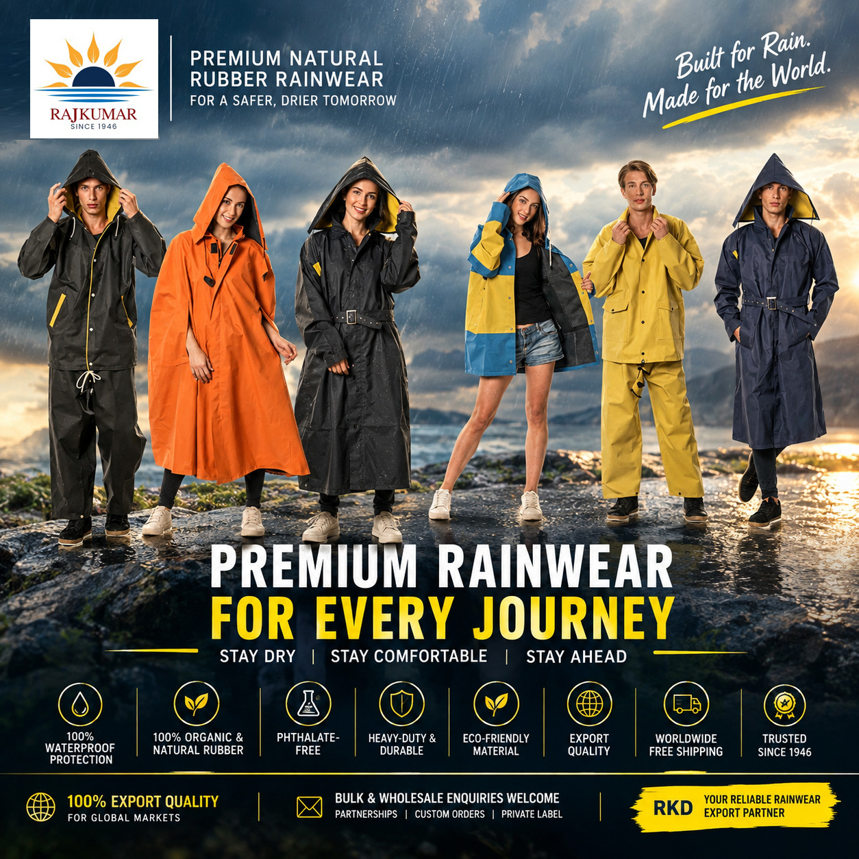 Premium natural rubber rainwear and waterproof rain suits by RKD Rubber for global markets